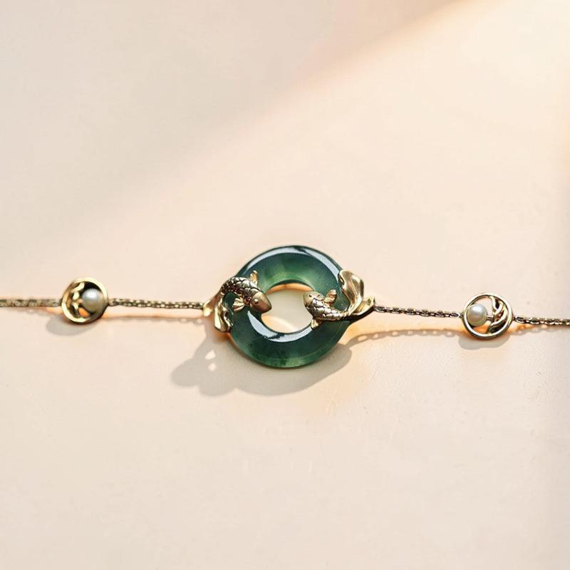 ATELIER-TIBET – Bracelet Jade et Carpe Koï – Charme d'Abondance, Plaqué Or