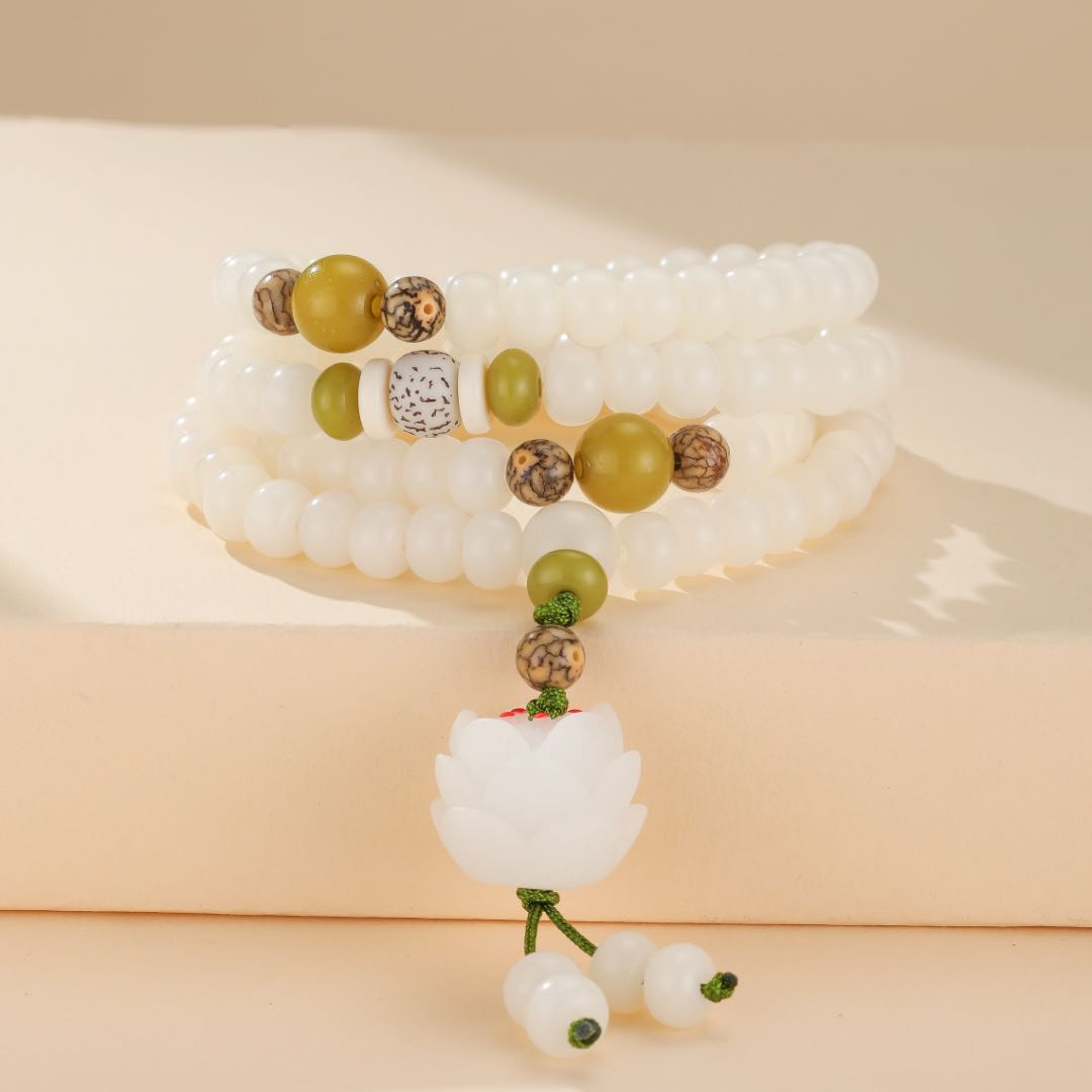 ATELIER-TIBET – Mâlâ Jade et Graine de Bodhi – Fleur de Jade, 108 Perles