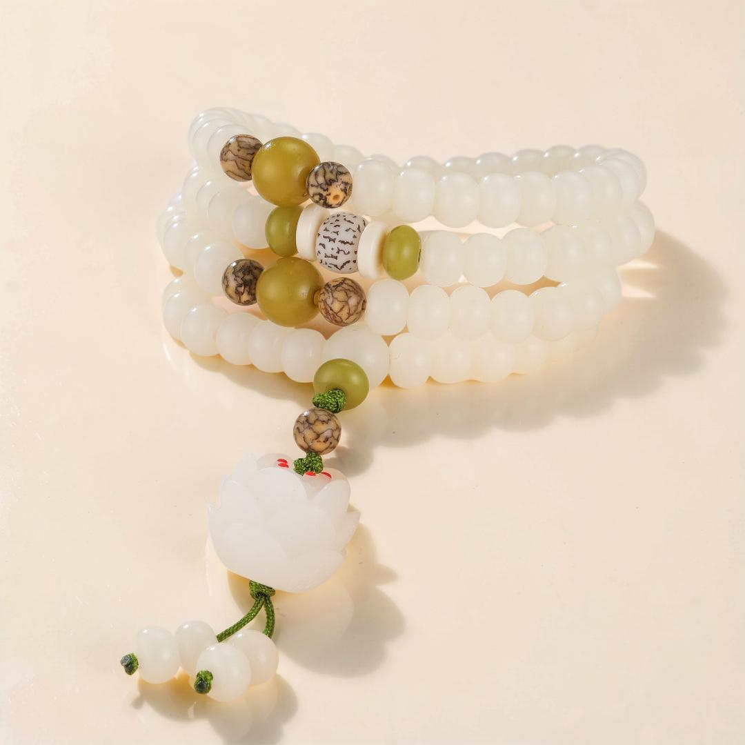ATELIER-TIBET – Mâlâ Jade et Graine de Bodhi – Fleur de Jade, 108 Perles