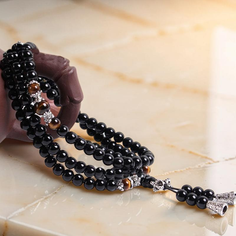 ATELIER-TIBET – Mâlâ 108 Perles en Obsidienne, Œil de Tigre/Agate - Tigridienne