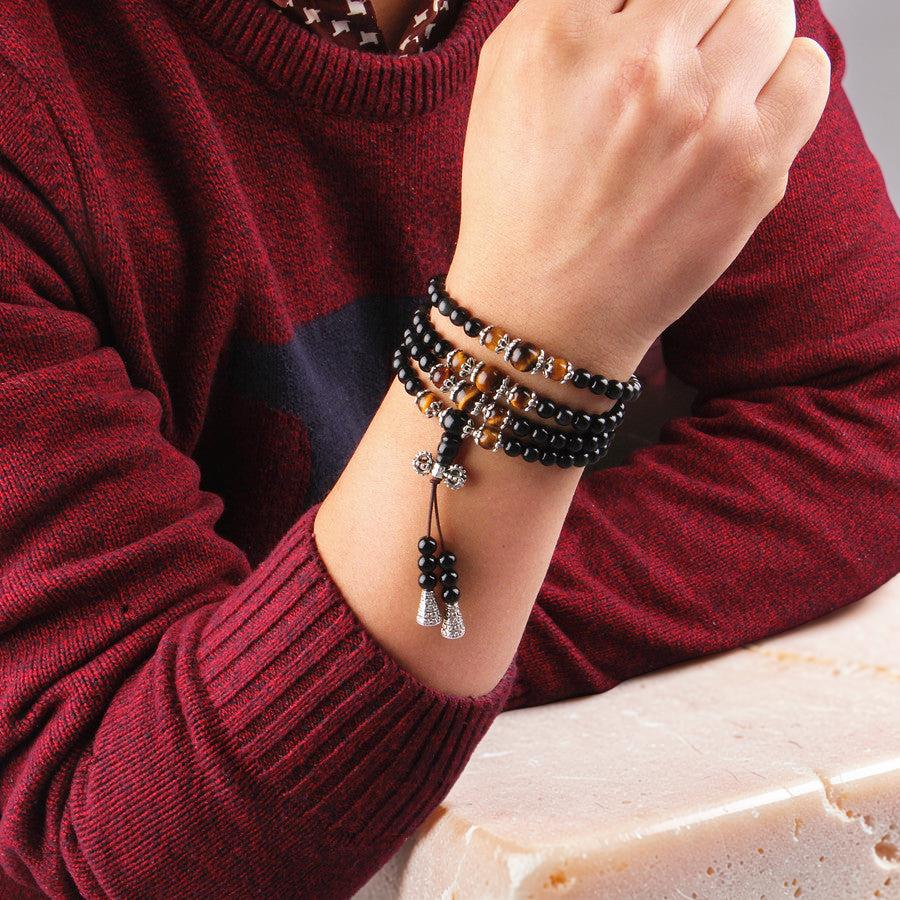 ATELIER-TIBET – Mâlâ 108 Perles en Obsidienne, Œil de Tigre/Agate - Tigridienne