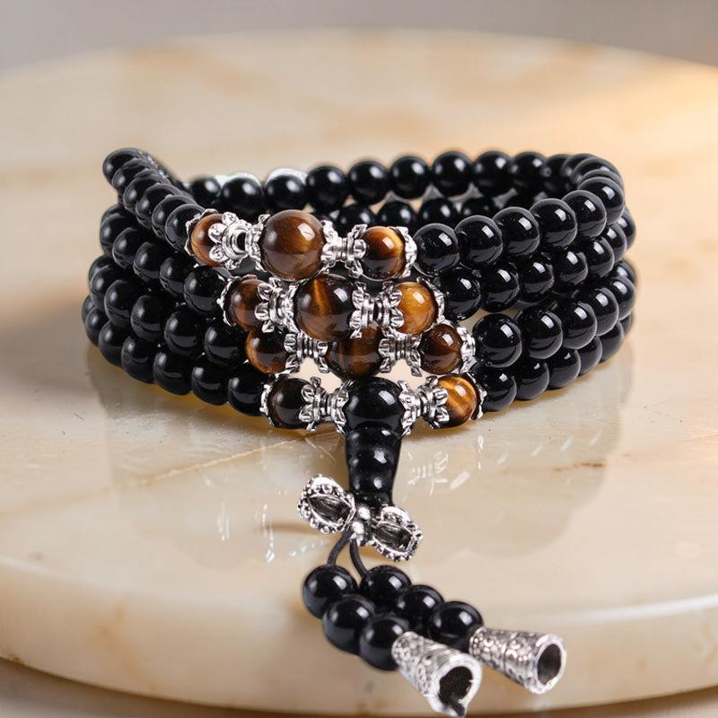 ATELIER-TIBET – Mâlâ 108 Perles en Obsidienne, Œil de Tigre/Agate - Tigridienne