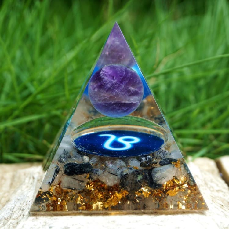 ATELIER-TIBET Pyramide du Zodiac en Orgonite et Quartz Rutile de 10cm symbole du Lion