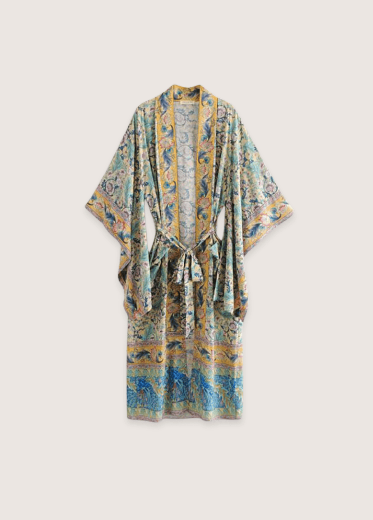 Kimono long femme coton motif pivoine vert – Kyo