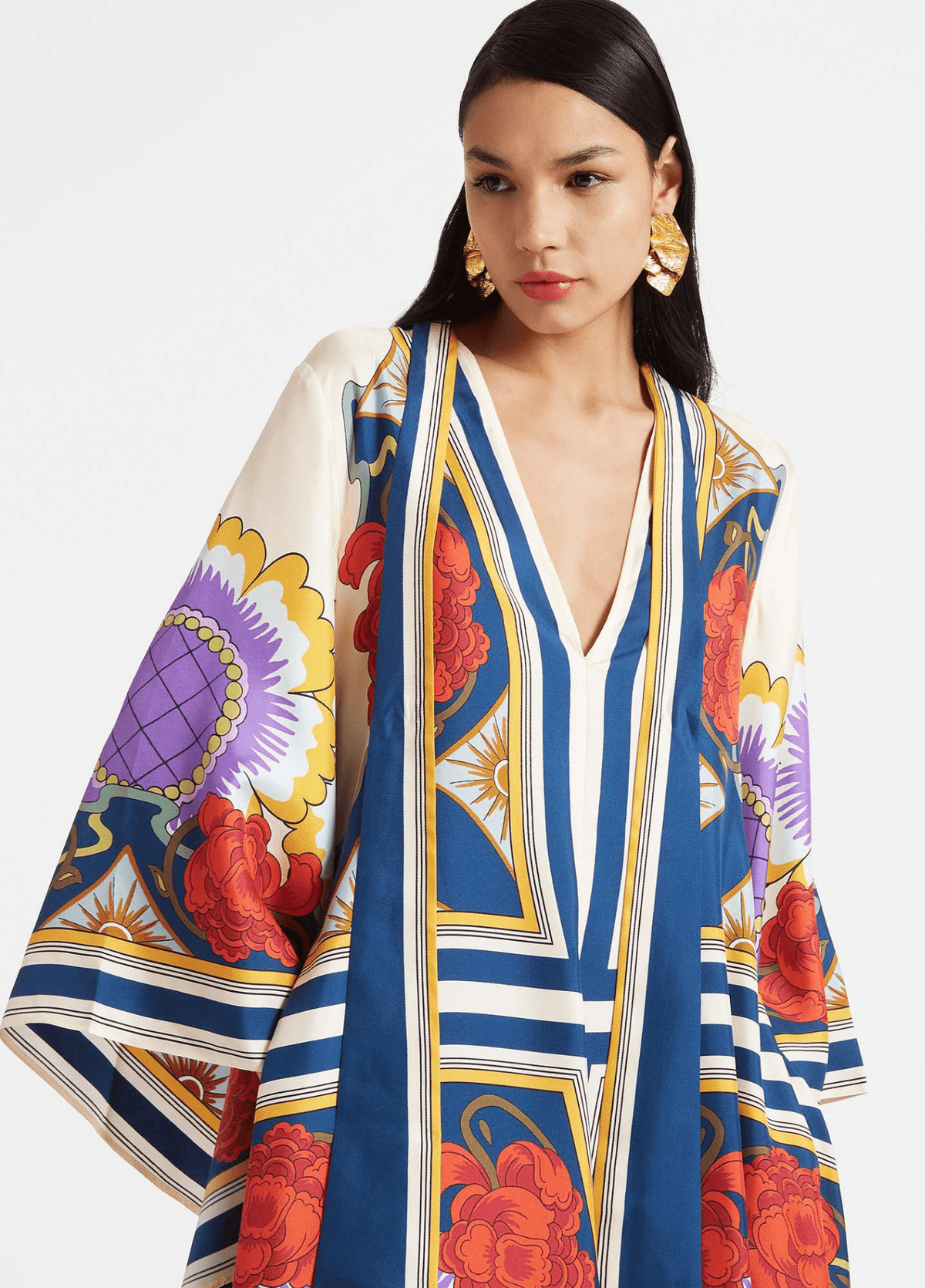 Robe kimono femme satiné motif pivoine blanc – Baroque