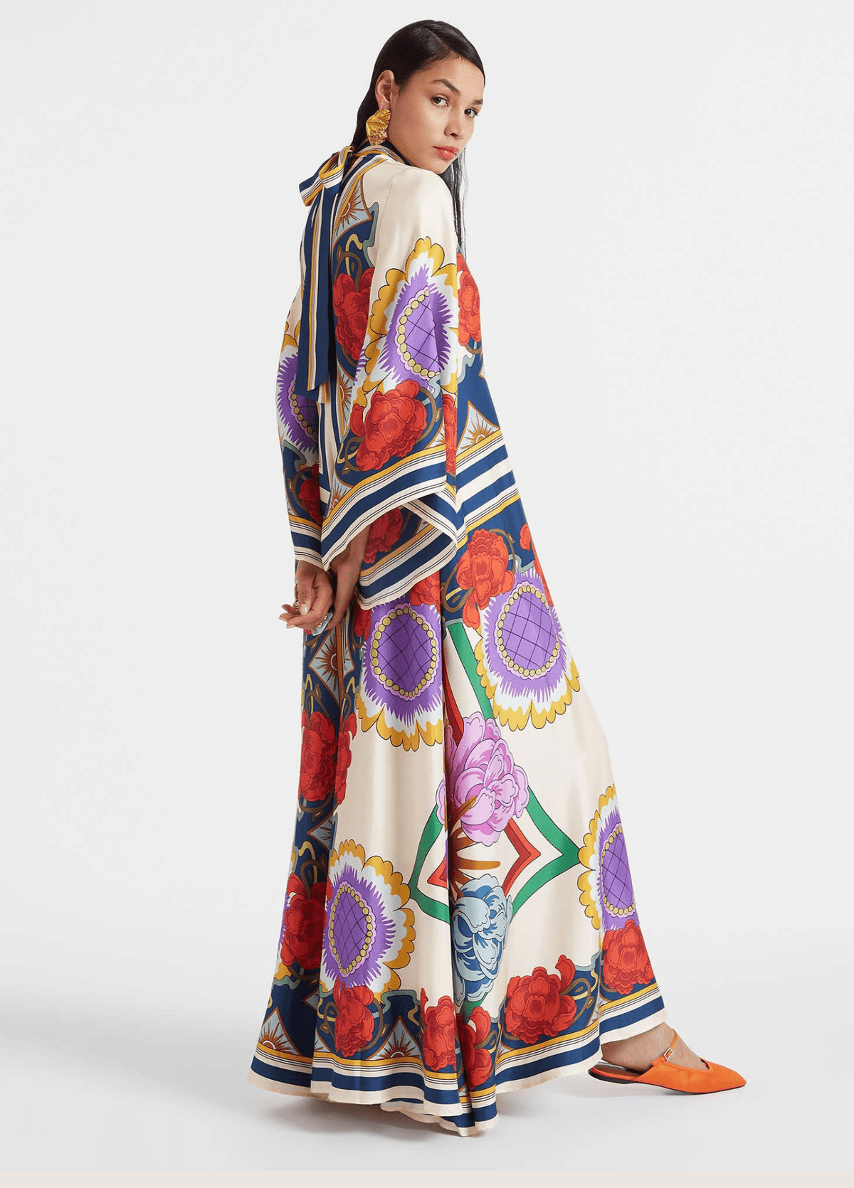 Robe kimono femme satiné motif pivoine blanc – Baroque