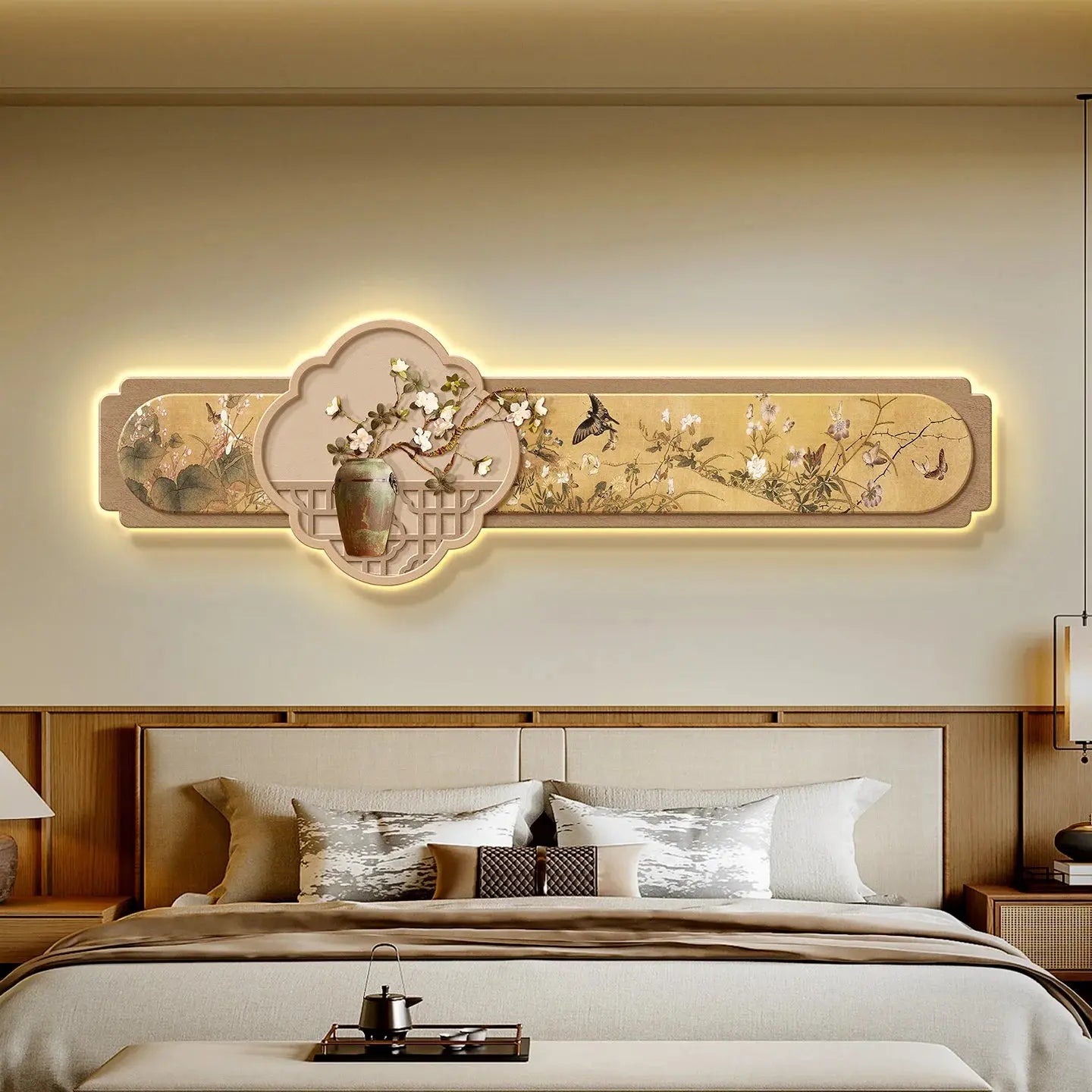 ATELIER-TIBET – Tableau Mural Japonais Lumineux Zen aux Motifs Floraux