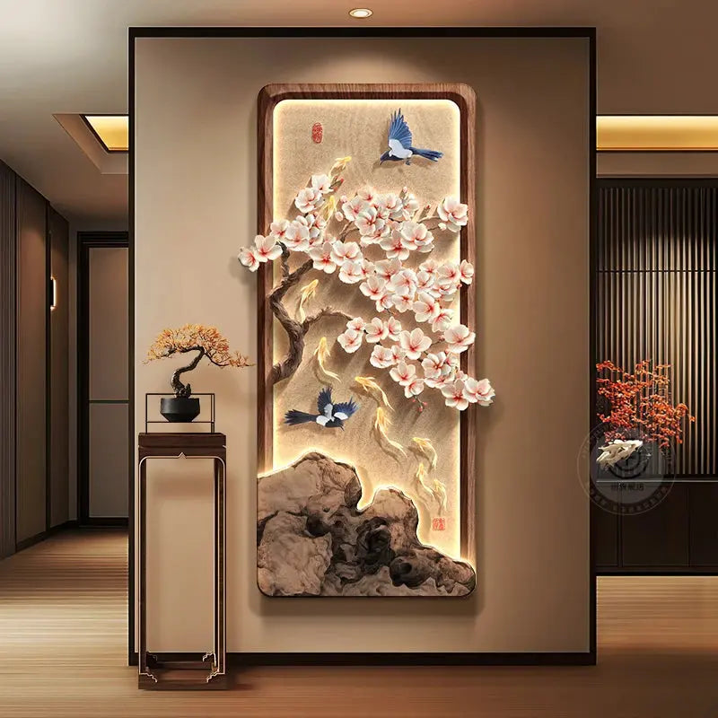 ATELIER-TIBET – Décoration Murale Japonaise Lumineuse Feng Shui aux Fleurs de Cerisier et Neuf Poissons