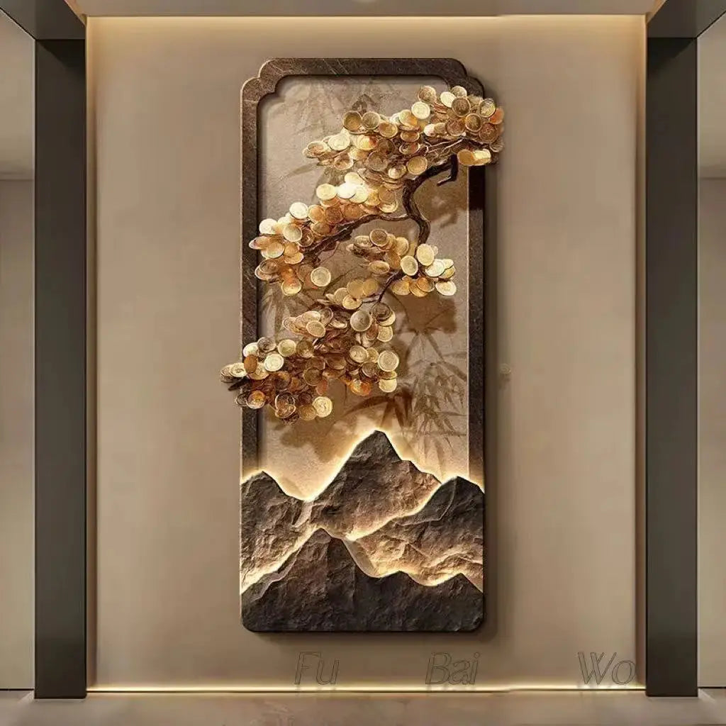 ATELIER-TIBET – Décoration Murale Japonaise Lumineuse avec Arbre Doré et Paysage Zen