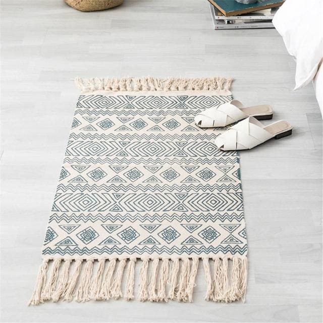 ATELIER-TIBET – Tapis Zen Turc fait main en coton Kilim avec frange Cyan Élégance & Détente