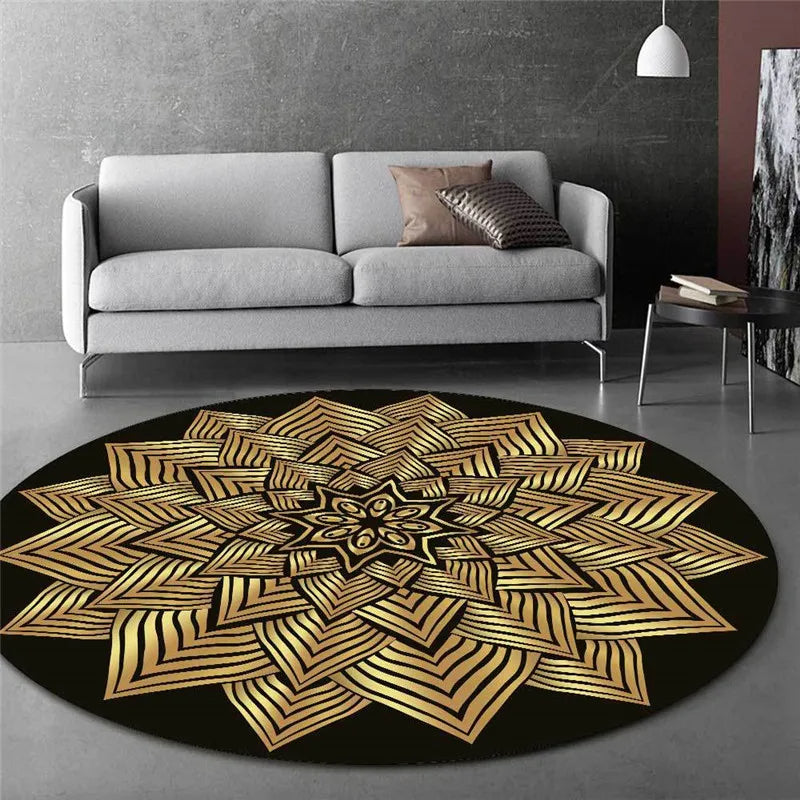 ATELIER-TIBET – Tapis Rond Noir Mandalas Dorés – Déco Zen & Coin Méditation