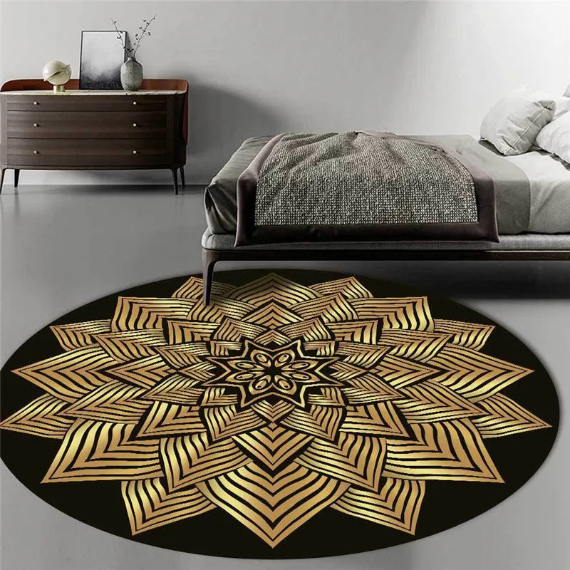 ATELIER-TIBET – Tapis Rond Noir Mandalas Dorés – Déco Zen & Coin Méditation