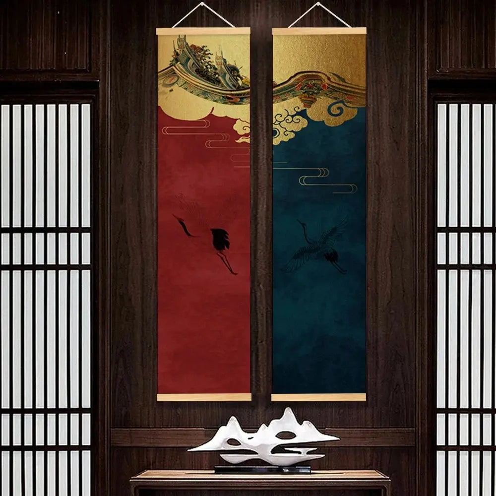 ATELIER-TIBET – Kakemono Japonais Zen aux Grues et Fleurs de Cerisier