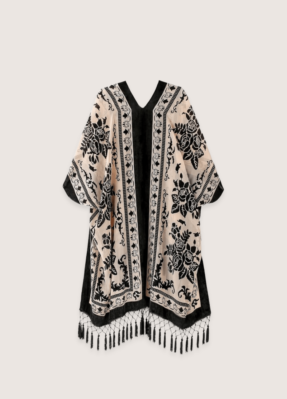 Veste kimono femme viscose motif pivoine crème/noir – Kuro