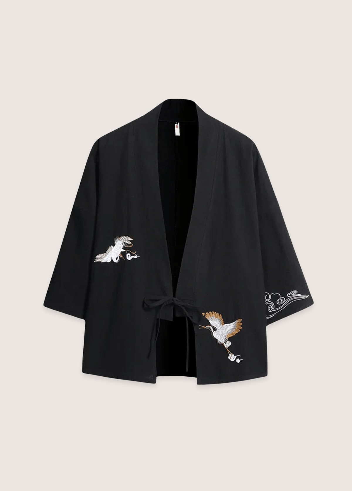Veste kimono mixte lin motif grue noir (Les Deux Grues)