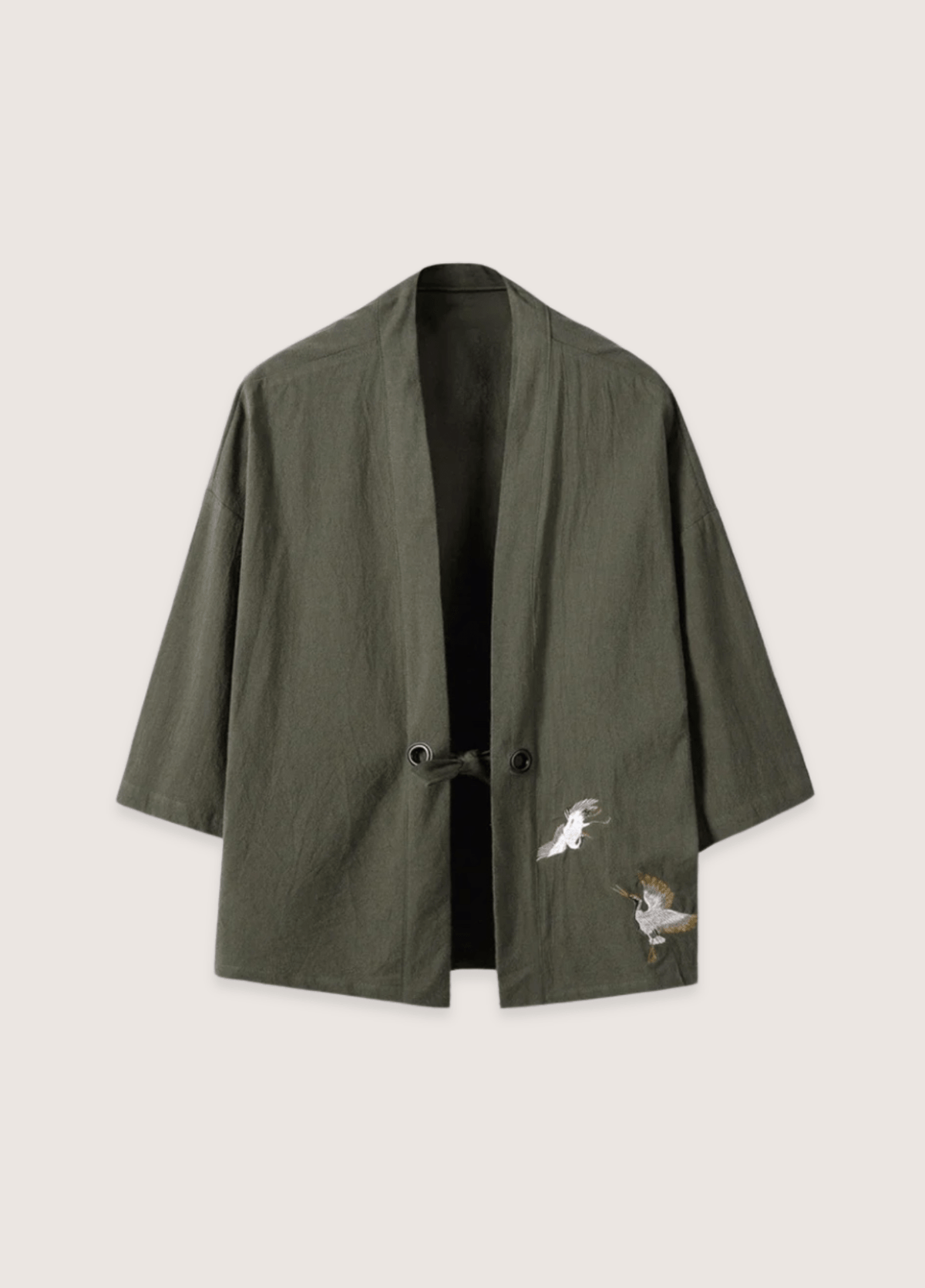 Veste kimono mixte lin motif grue vert