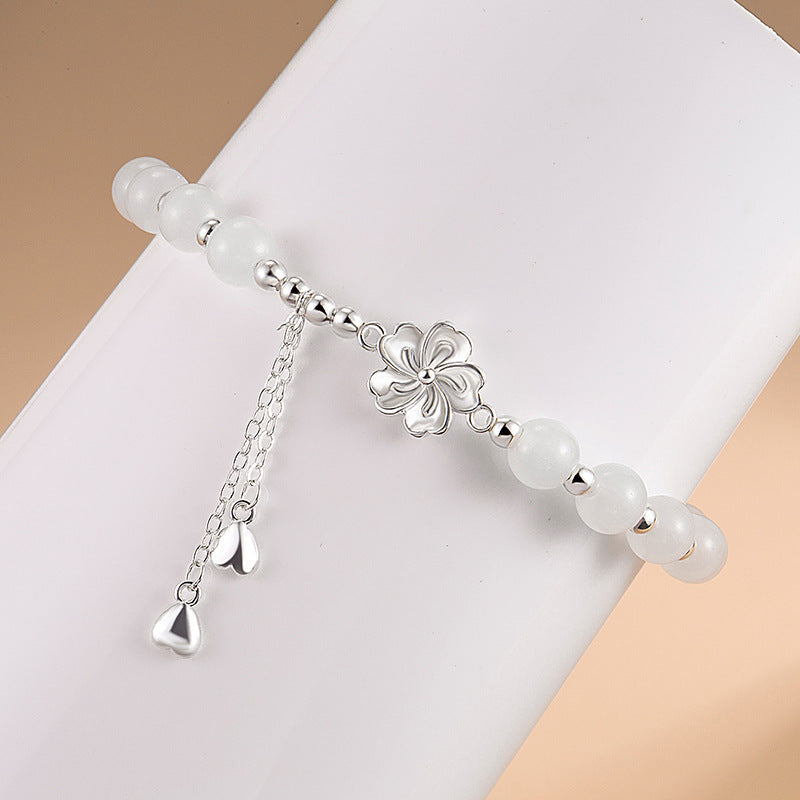 ATELIER-TIBET – Bracelet Porte-Bonheur en Jade Blanc & Fleur de Pêcher (Jade Naturel)